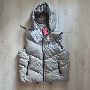 GUESS Women's Hooded Puffer Vest in Taupe